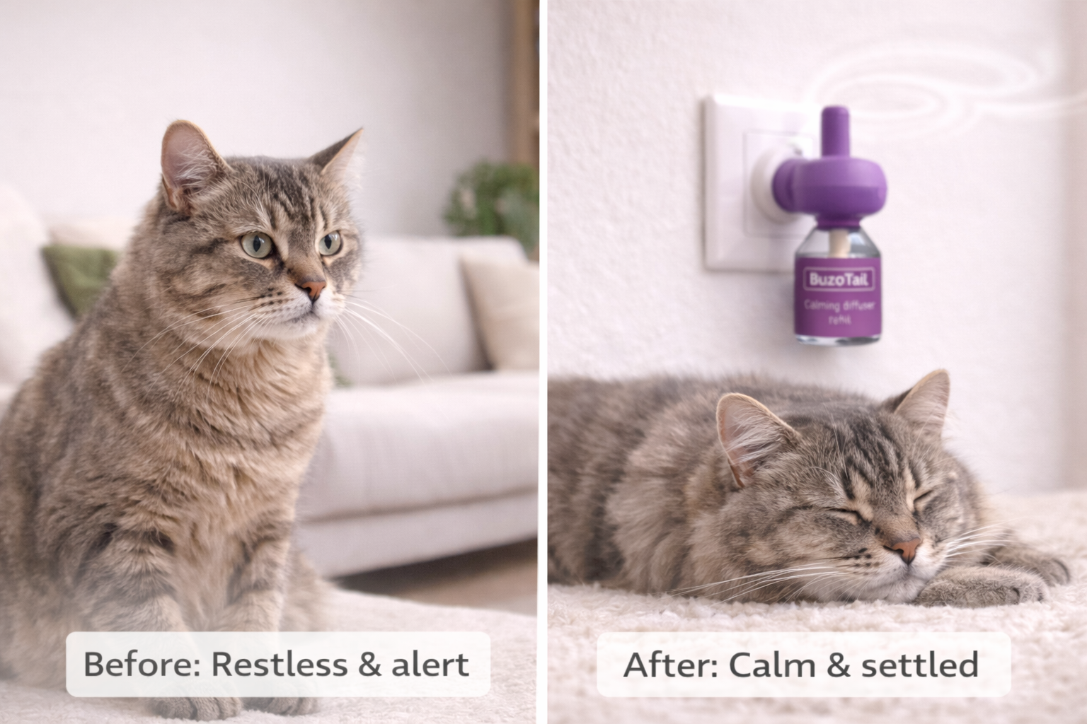BuzoTail™ Calming Cat Diffuser Refill Drug-Free Pheromone Support • 30-Day Refill