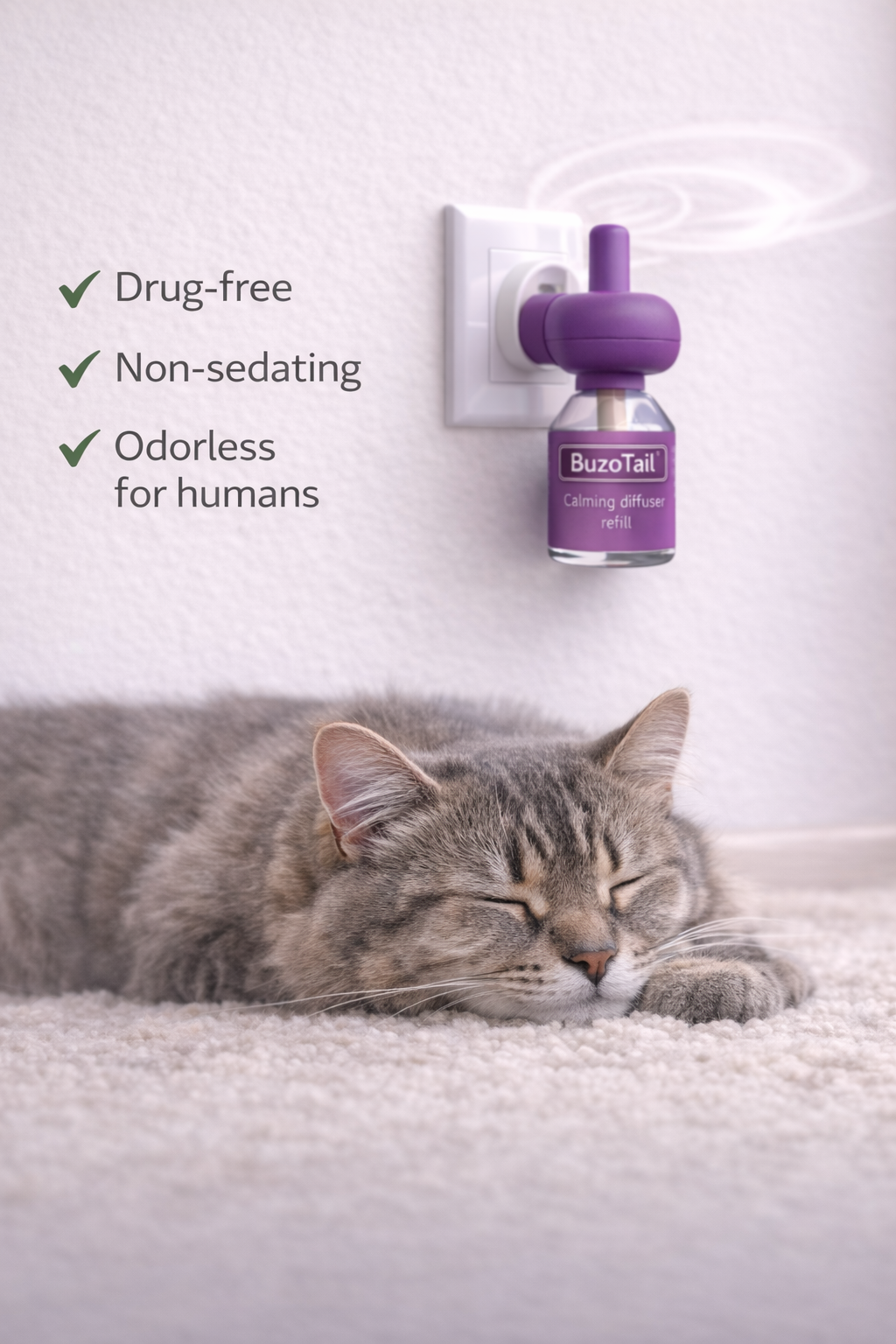 BuzoTail™ Calming Cat Diffuser Refill Drug-Free Pheromone Support • 30-Day Refill