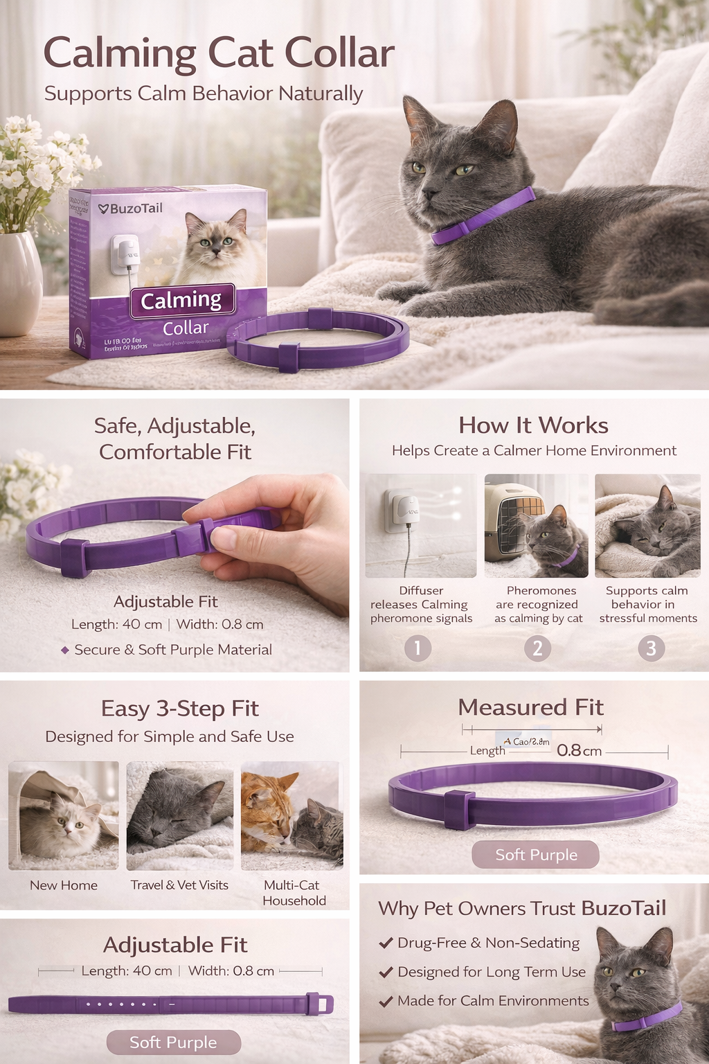 BuzoTail™ Calming Cat Collar for Stress & Anxiety Support